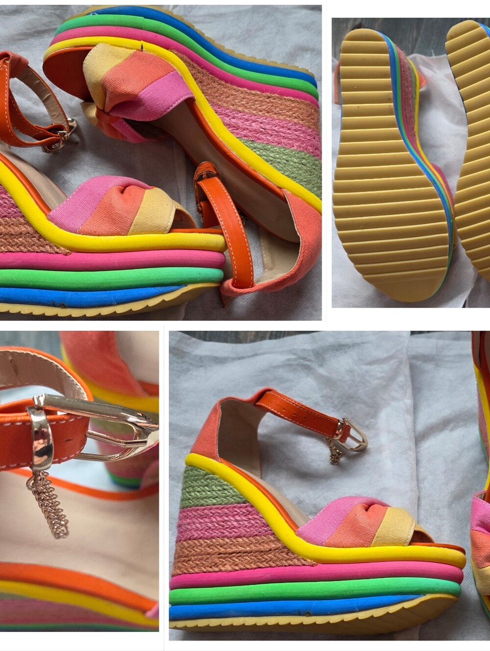 Women’s Rainbow Striped Wedge Sandals - Orange, Pink & Yellow US 6 Used Once!